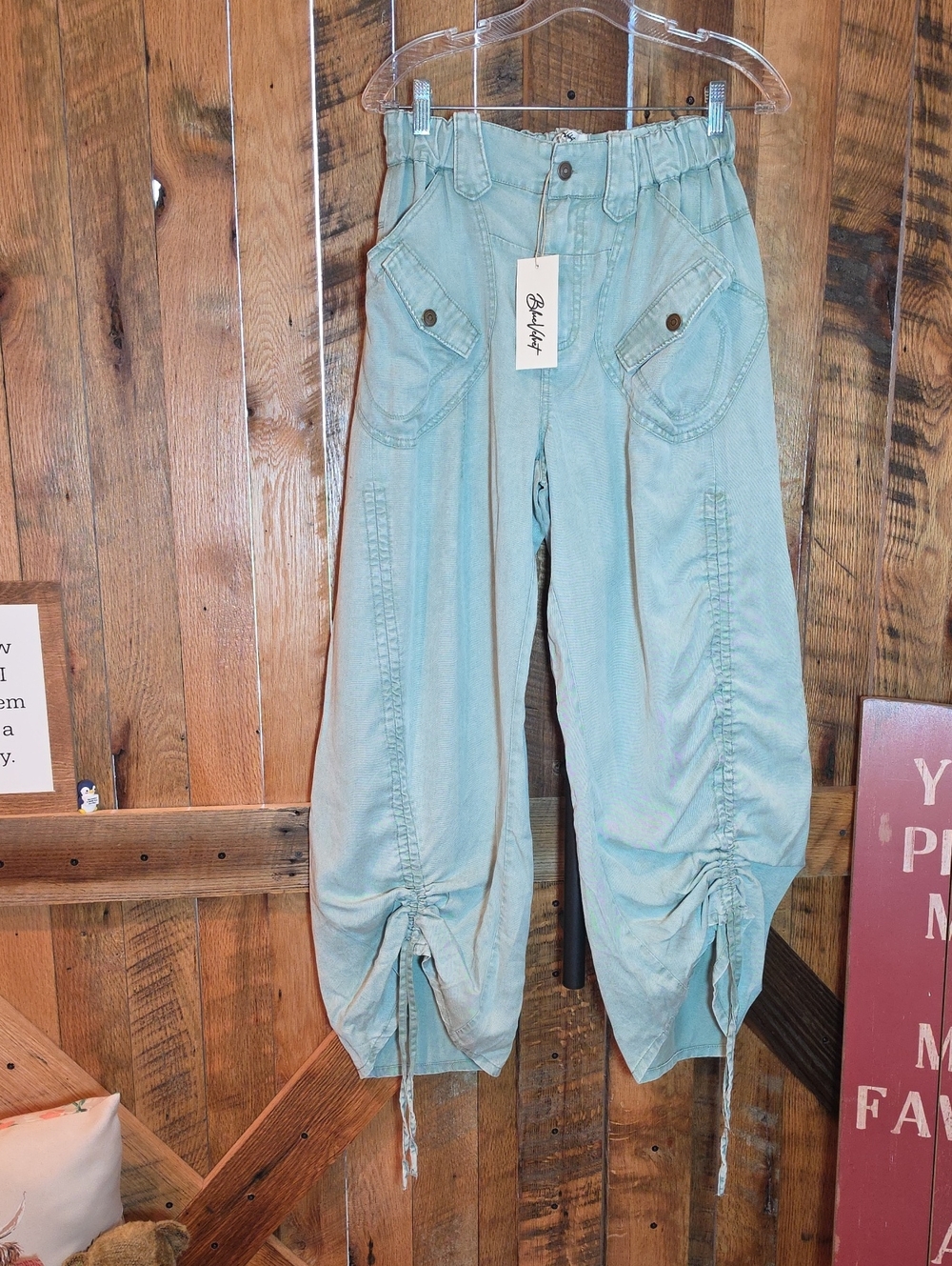 243p Blue Velvet Cargo Boyfriend Pants in Light Sage